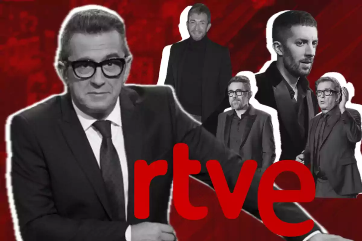 Un collage en blanco y negro de varias personas con un fondo rojo y el logotipo de RTVE en el centro.