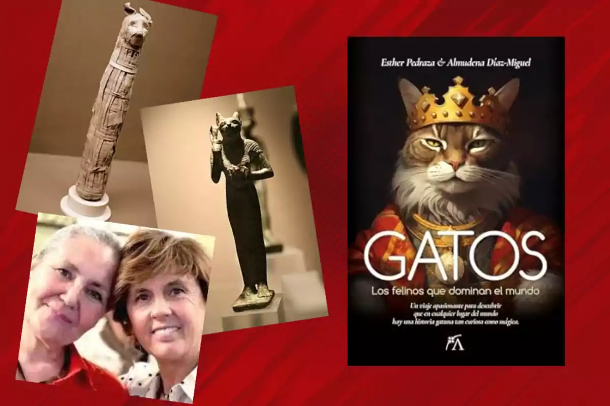 Collage con imágenes de estatuillas de gatos egipcios, una foto de dos personas y la portada de un libro titulado "Gatos: Los felinos que dominan el mundo".