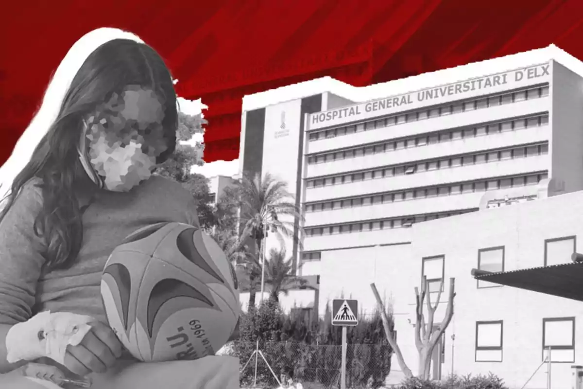 Una niña con el rostro pixelado sostiene un balón frente al Hospital General Universitario de Elche con un fondo rojo.