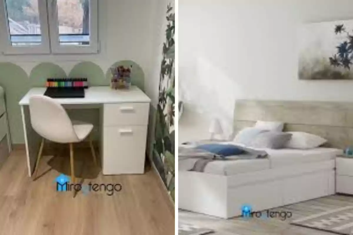 Dos imágenes de interiores, una muestra un escritorio blanco con silla y artículos de papelería, la otra muestra una cama con cabecera de madera y cojines en un dormitorio.