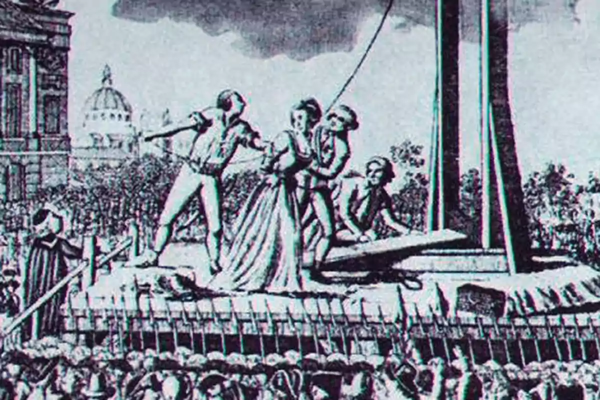 Ilustración histórica de una ejecución en la guillotina durante la Revolución Francesa con una multitud observando el evento.