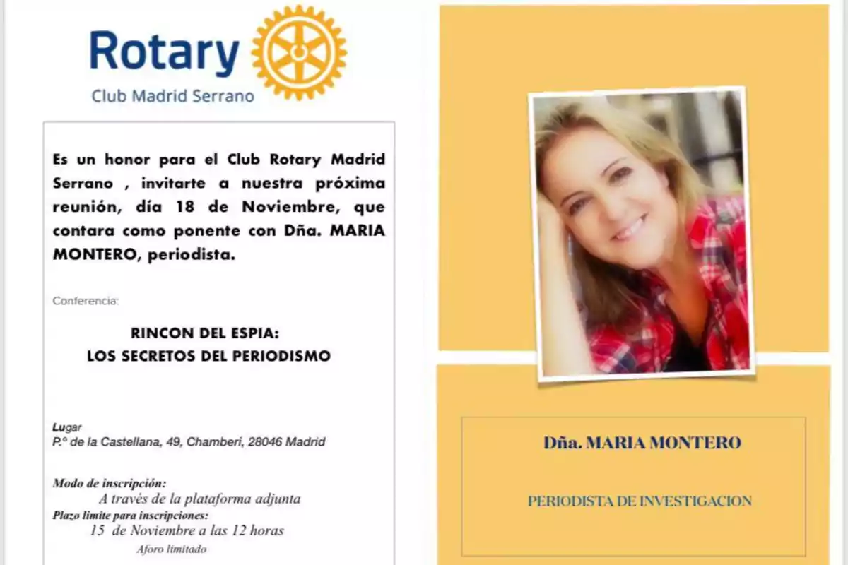 Invitación del Club Rotary Madrid Serrano a una conferencia el 18 de noviembre con la periodista María Montero sobre los secretos del periodismo en Paseo de la Castellana 49, Madrid.