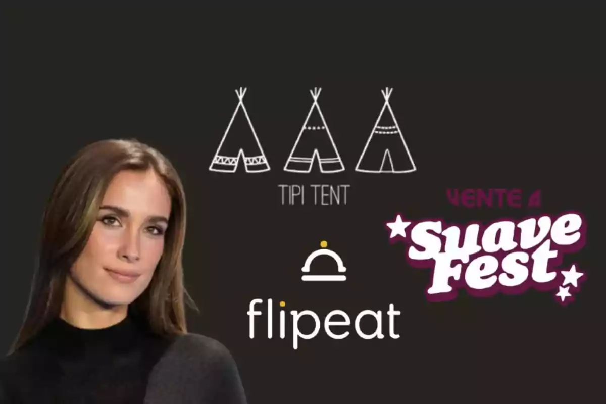 Una mujer con cabello castaño claro aparece junto a los logotipos de "Tipi Tent", "Flipeat" y "Suave Fest" sobre un fondo oscuro.