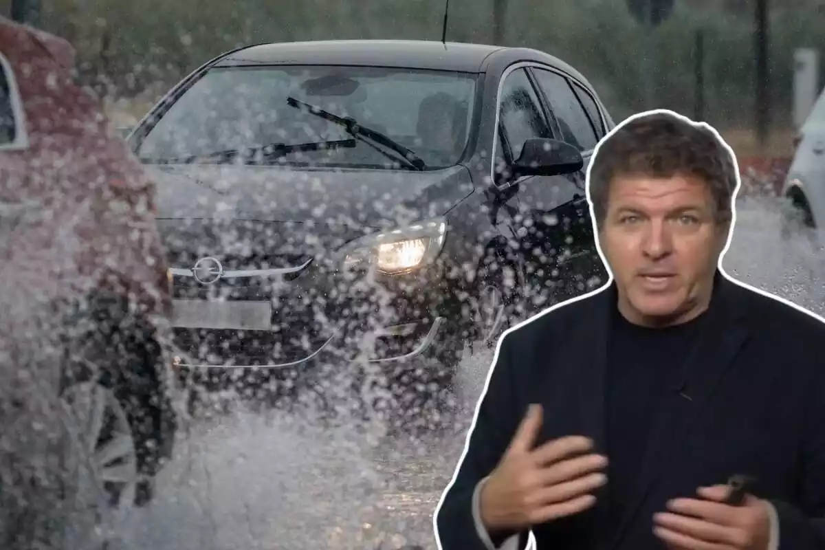 Imagen de fondo de varios coches circulando por una carretera con charcos y lluvia y otra imagen de Mario Picazo en primer plano