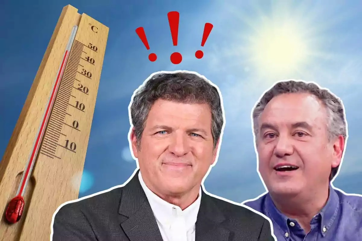 Roberto Brasero y Mario Picazo expresiones sorprendidas junto a un termómetro que muestra una alta temperatura y un sol brillante en el fondo. Roberto Brasero y Mario Picazo expresiones sorprendidas junto a un termómetro que muestra una alta temperatura y un sol brillante en el fondo.