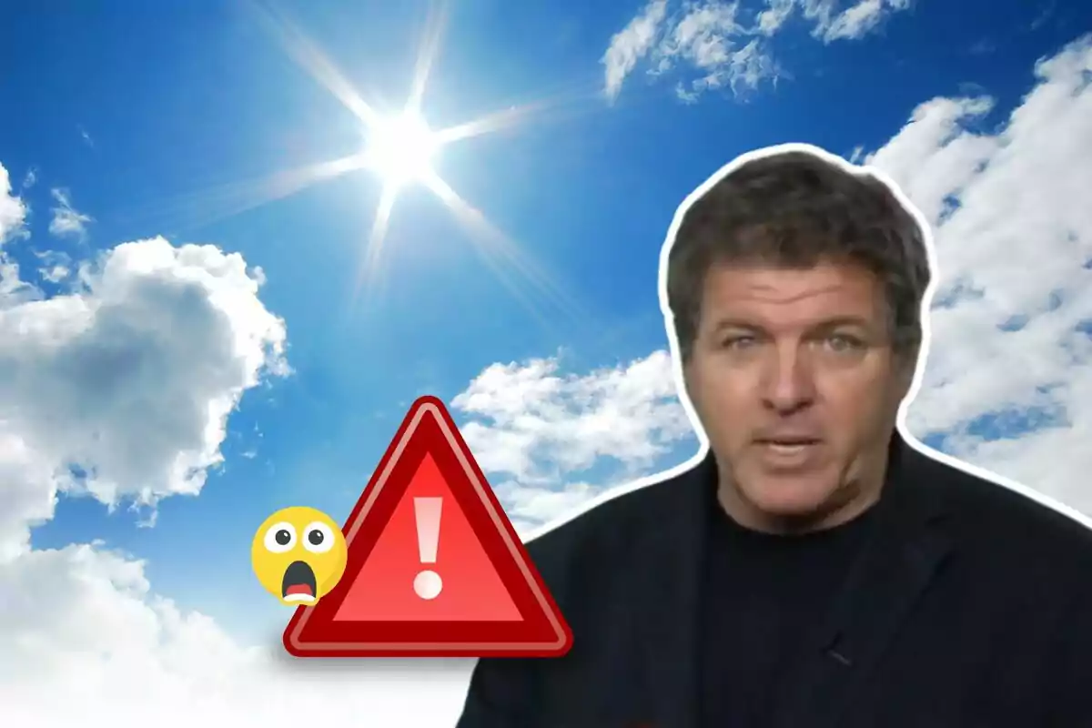 Hombre hablando con un fondo de cielo soleado y nubes, con un emoji de cara sorprendida y un icono de advertencia triangular rojo.