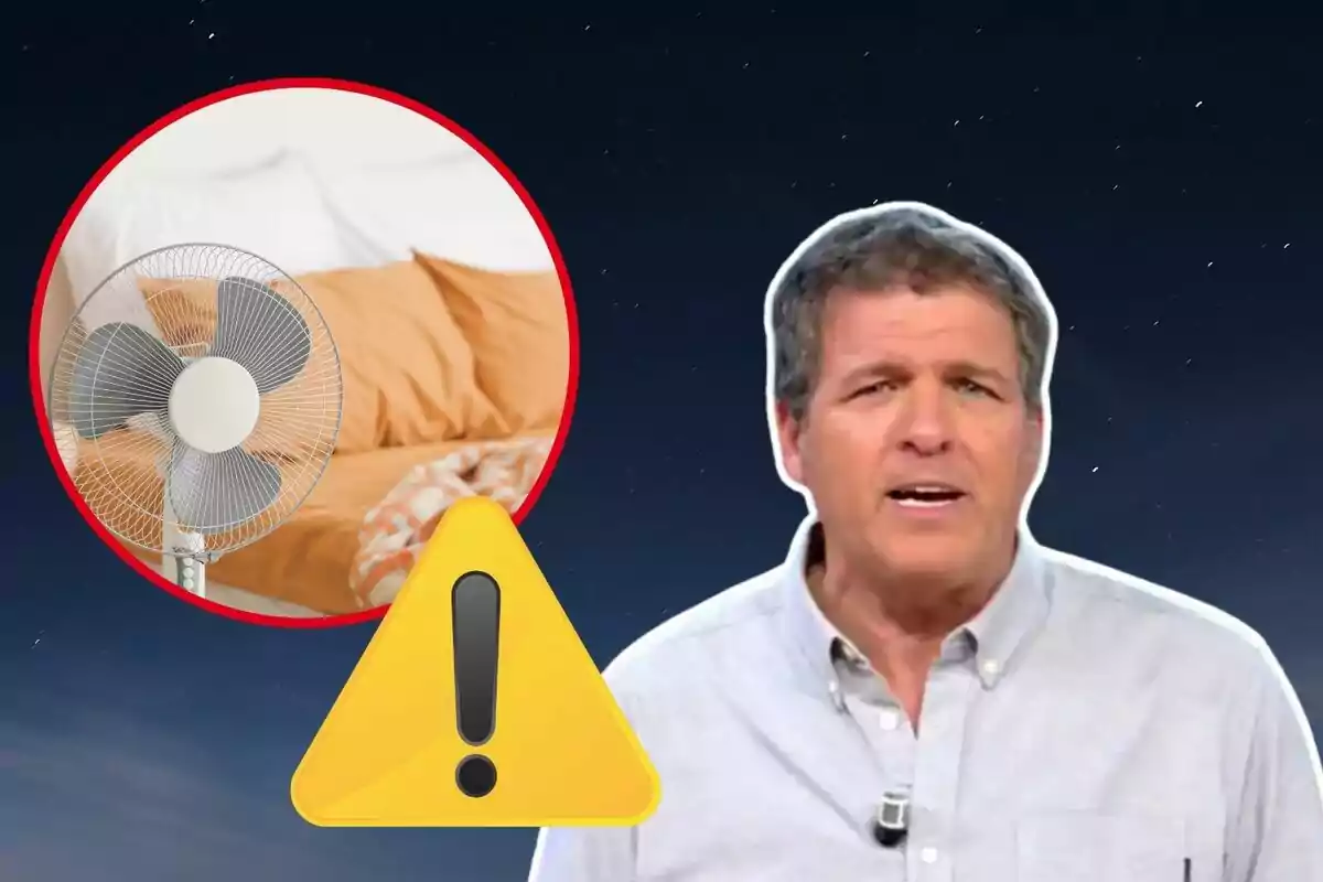 Hombre hablando con expresión seria junto a un ventilador en una habitación y un símbolo de advertencia amarillo Hombre hablando con expresión seria junto a un ventilador en una habitación y un símbolo de advertencia amarillo