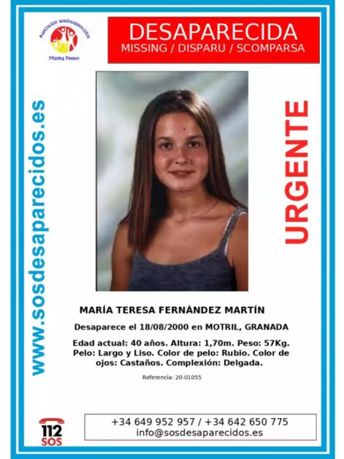 Cartel de persona desaparecida con la foto de una mujer joven. El cartel indica que se llama María Teresa Fernández Martín y desapareció el 18/08/2000 en Motril, Granada. Se proporciona información sobre su edad actual (40 años), altura (1,70 m), peso (57 kg), color y tipo de pelo (largo y liso, rubio), color de ojos (castaños) y complexión (delgada). También se incluyen números de contacto y un correo electrónico para proporcionar información.