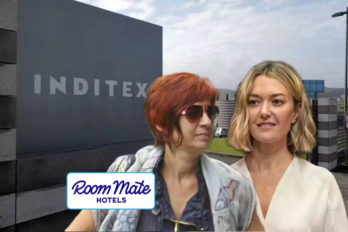 Dos mujeres frente a un edificio con el logo de Inditex y un cartel de Room Mate Hotels.