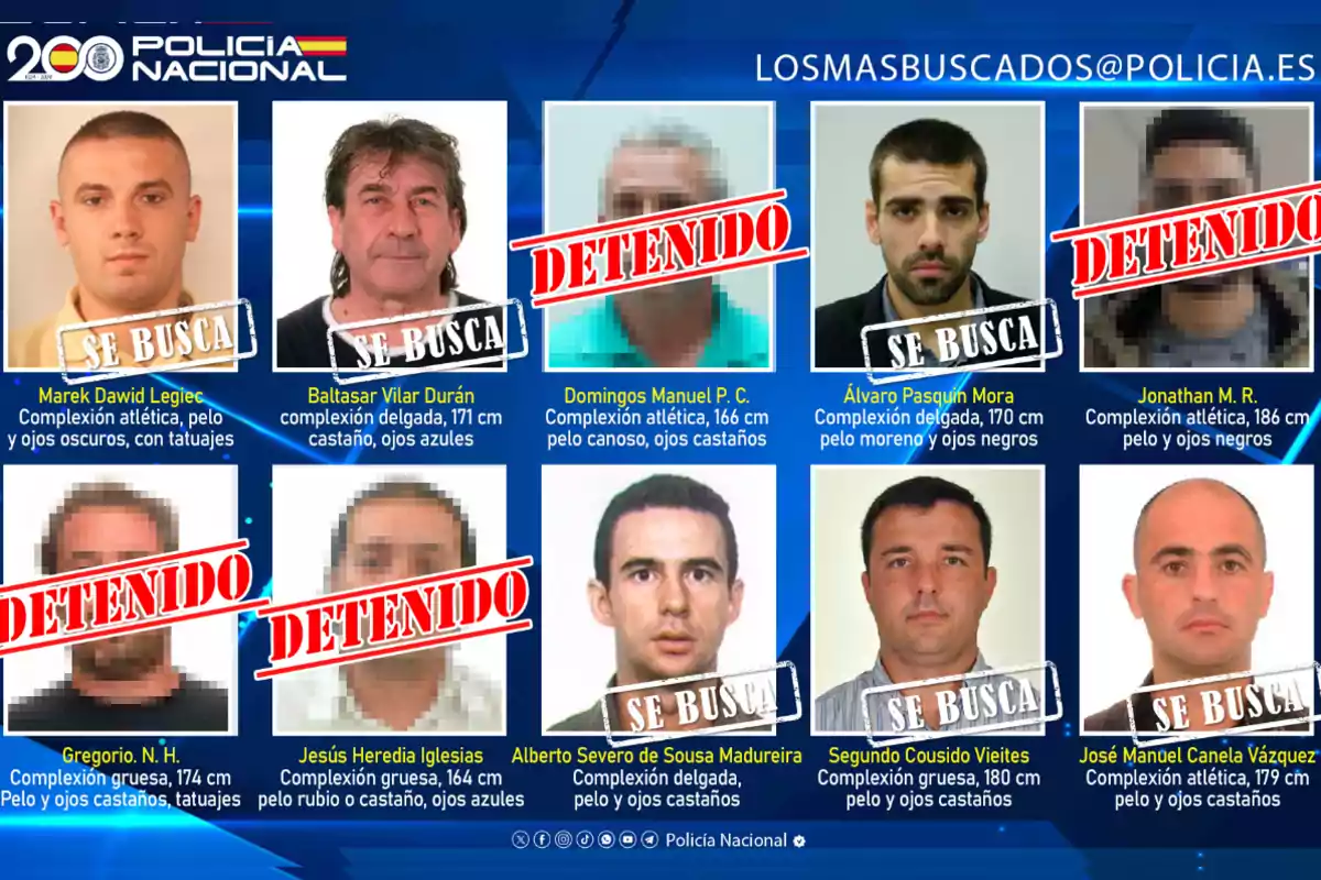 Cartel de la Policía Nacional con fotos de personas buscadas y detenidas, mostrando nombres y descripciones físicas.