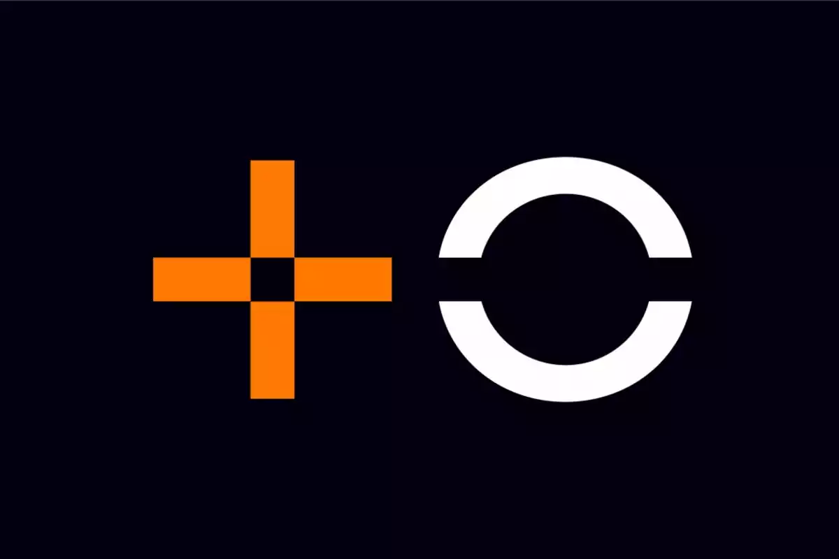 Símbolos de un signo de más naranja y un círculo blanco sobre un fondo negro.