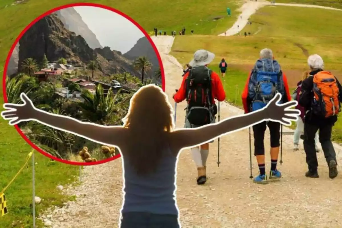 Un grupo de excursionistas camina por un sendero mientras una persona con los brazos extendidos observa un paisaje montañoso en un recuadro.