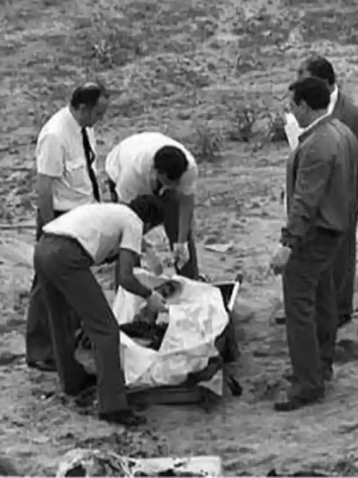 Un grupo de hombres examina un objeto cubierto en un área al aire libre.