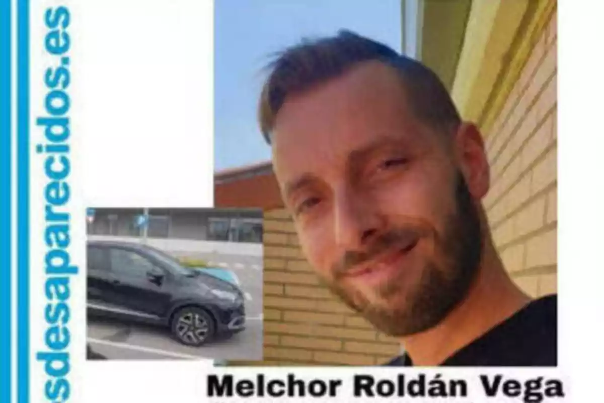 Imagen de un hombre con barba y cabello corto, acompañado de una foto de un automóvil negro, con el texto "Melchor Roldán Vega" y la URL "sosdesaparecidos.es" en el lateral izquierdo.