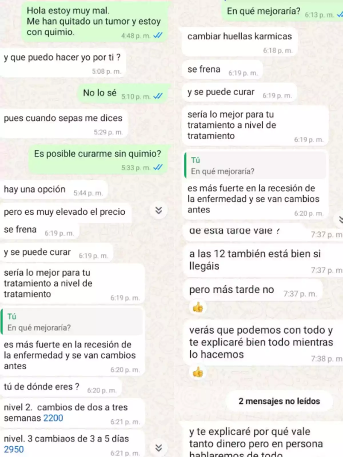 Una conversación de WhatsApp donde una persona pregunta sobre alternativas a la quimioterapia y recibe información sobre un tratamiento alternativo con precios y horarios.