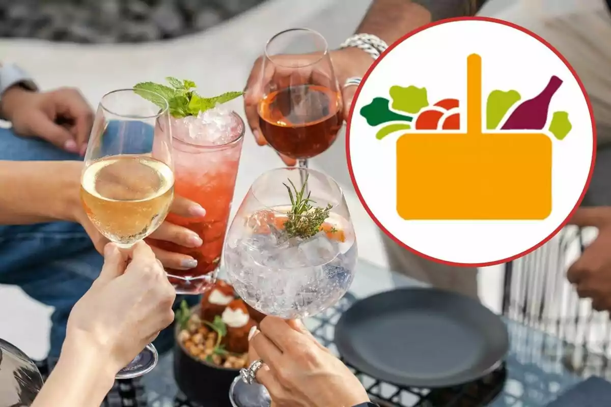 Personas brindando con diferentes bebidas y un ícono de una canasta de alimentos. Personas brindando con diferentes bebidas y un ícono de una canasta de alimentos.