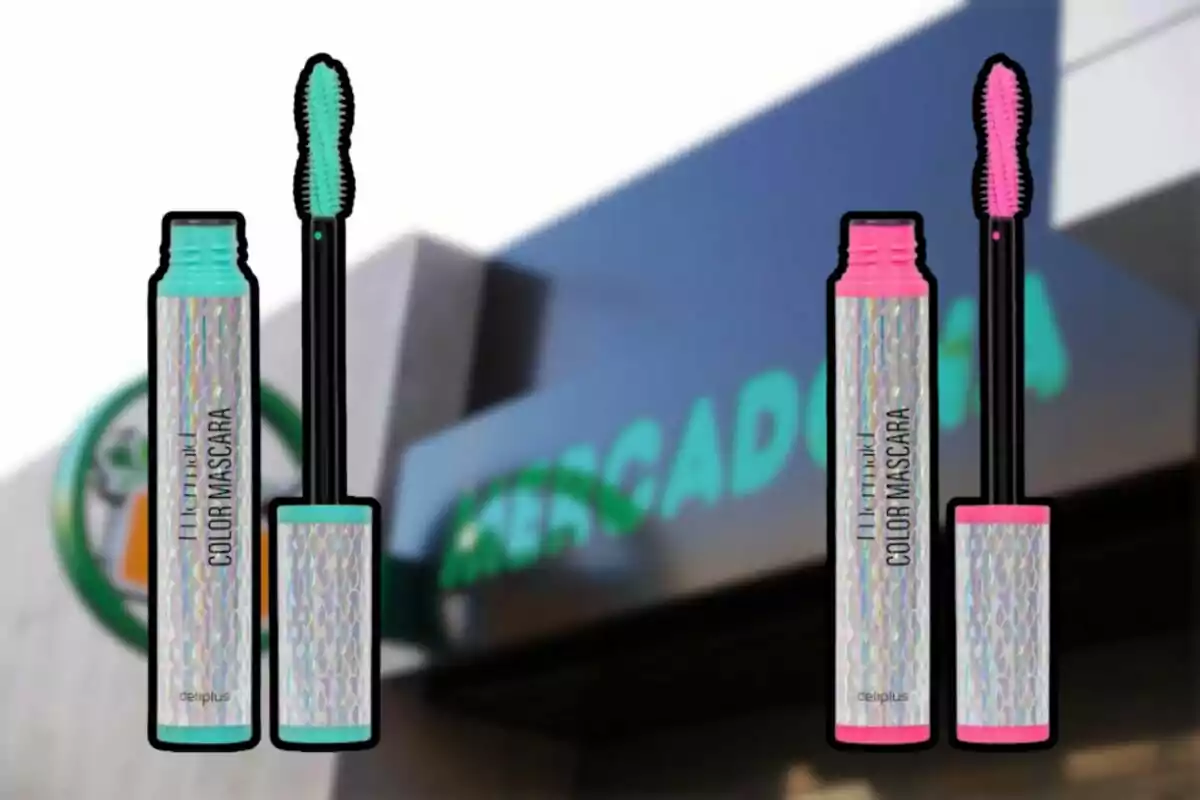 Dos máscaras de pestañas de colores, una verde y otra rosa, con un fondo desenfocado de un edificio. Dos máscaras de pestañas de colores, una verde y otra rosa, con un fondo desenfocado de un edificio.