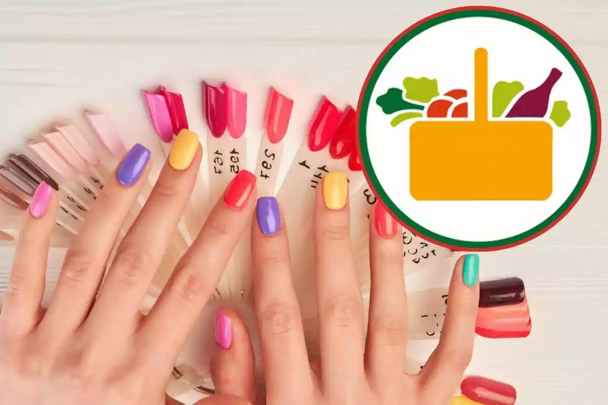 Manos con uñas pintadas de diferentes colores junto a una muestra de esmaltes y un icono de una canasta de compras. Manos con uñas pintadas de diferentes colores junto a una muestra de esmaltes y un icono de una canasta de compras.