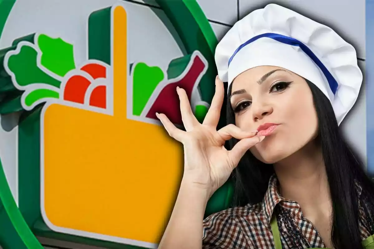 Mujer con gorro de chef haciendo un gesto de satisfacción frente a un logo de supermercado con verduras y una botella