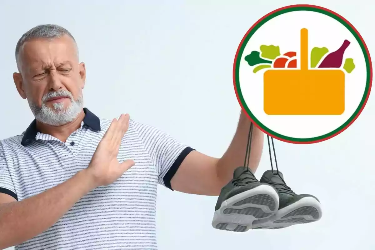 Hombre con expresión de desagrado mientras sostiene un par de zapatos deportivos, con un gráfico de alimentos en un círculo al lado. Hombre con expresión de desagrado mientras sostiene un par de zapatos deportivos, con un gráfico de alimentos en un círculo al lado.