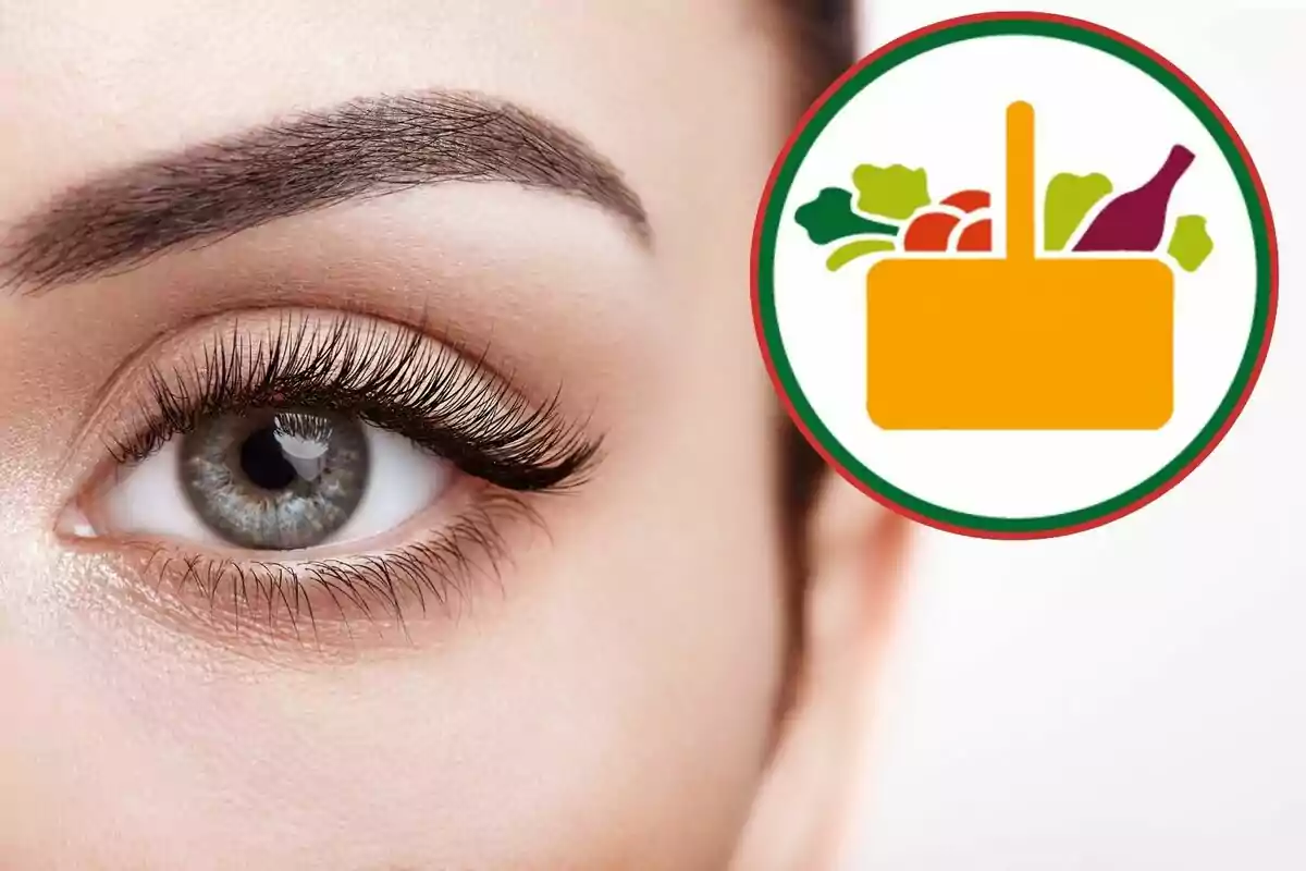 Primer plano de un ojo con pestañas largas y un icono de una canasta de compras con alimentos en la esquina superior derecha. Primer plano de un ojo con pestañas largas y un icono de una canasta de compras con alimentos en la esquina superior derecha.