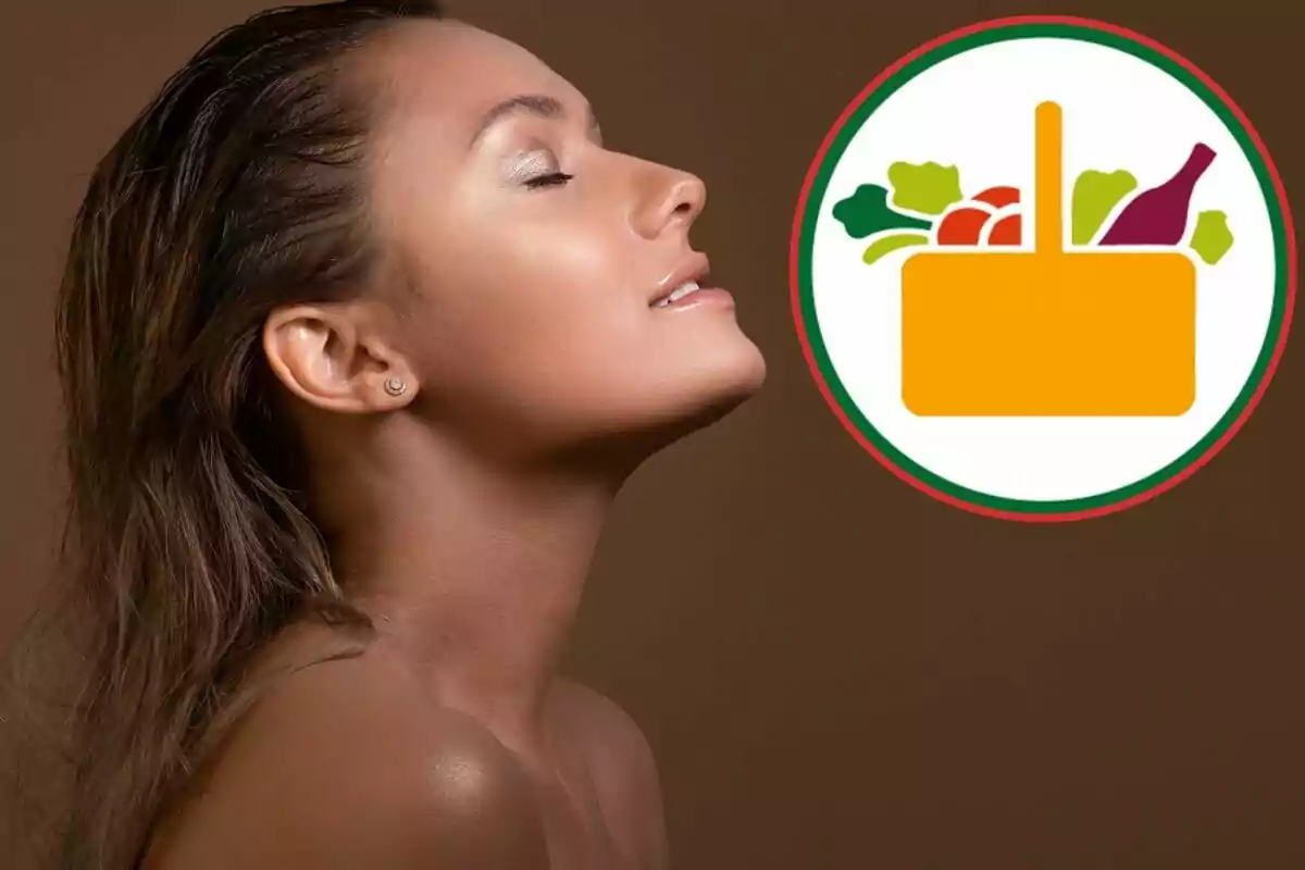 Una persona con el rostro de perfil y los ojos cerrados junto a un icono de una cesta de alimentos.