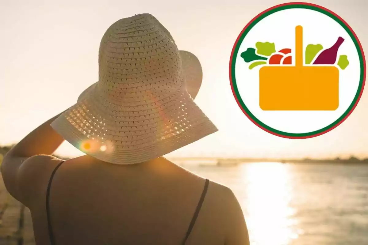 Persona con sombrero de ala ancha mirando al atardecer junto a un icono de canasta de alimentos