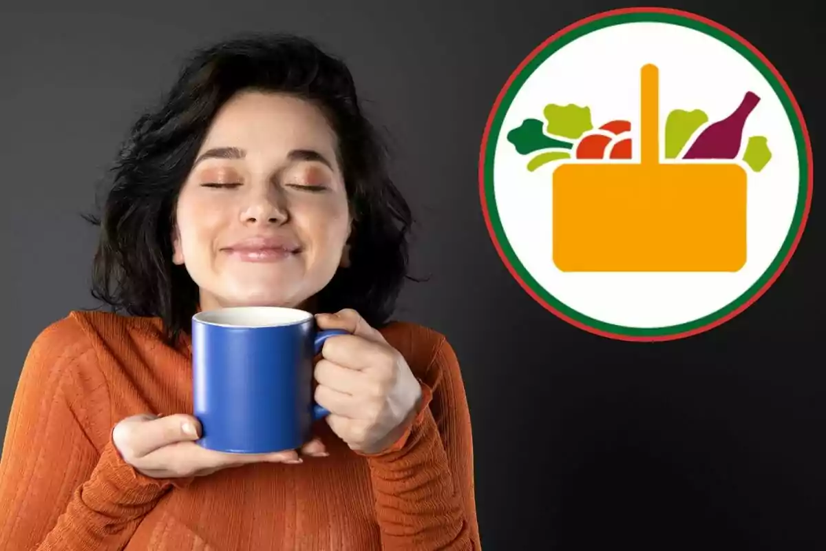 Mujer disfrutando de una bebida caliente con un logotipo de alimentos en el fondo. Mujer disfrutando de una bebida caliente con un logotipo de alimentos en el fondo.