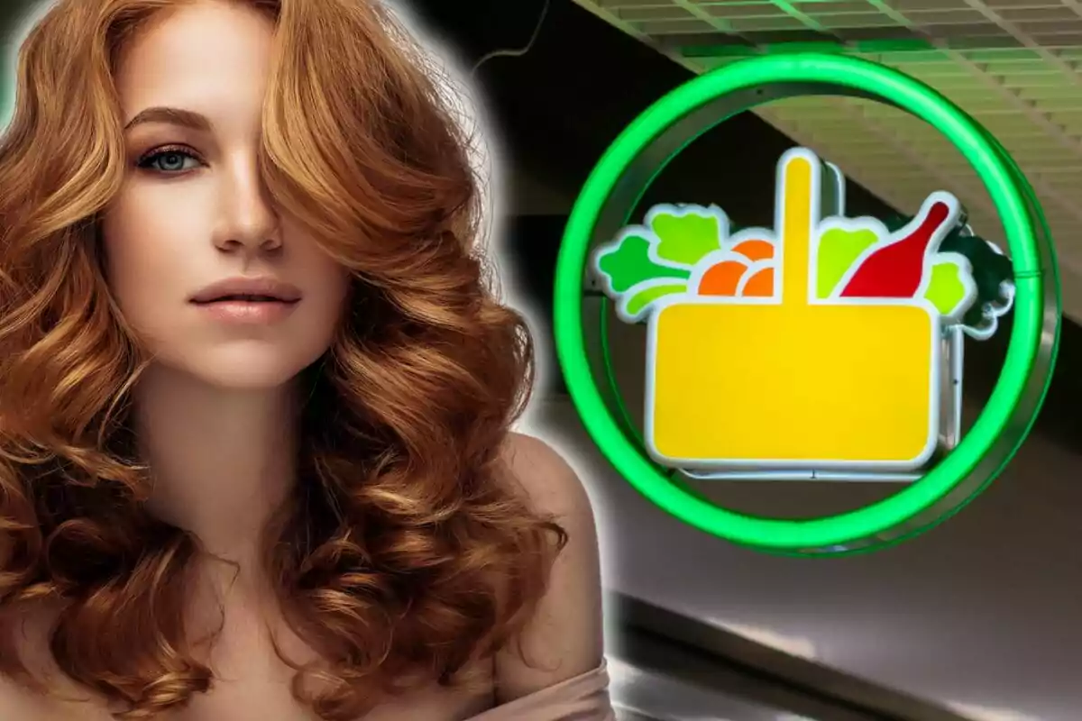 Mujer de cabello pelirrojo rizado junto a un letrero luminoso de supermercado con una canasta de alimentos
