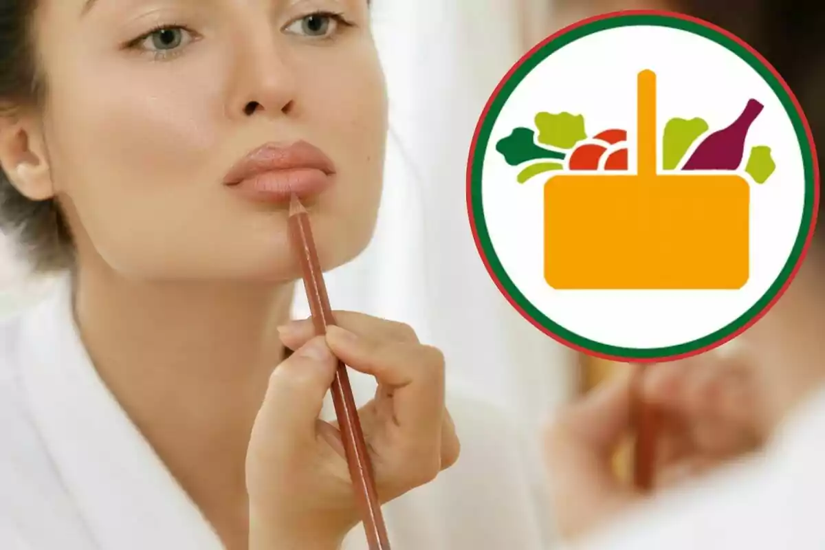 Una persona aplicándose lápiz labial frente a un espejo con un gráfico de un cesto de alimentos al lado. Una persona aplicándose lápiz labial frente a un espejo con un gráfico de un cesto de alimentos al lado.