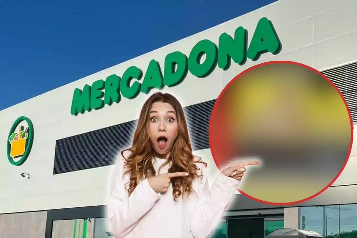 Mujer sorprendida señalando un círculo borroso frente a una tienda de Mercadona.