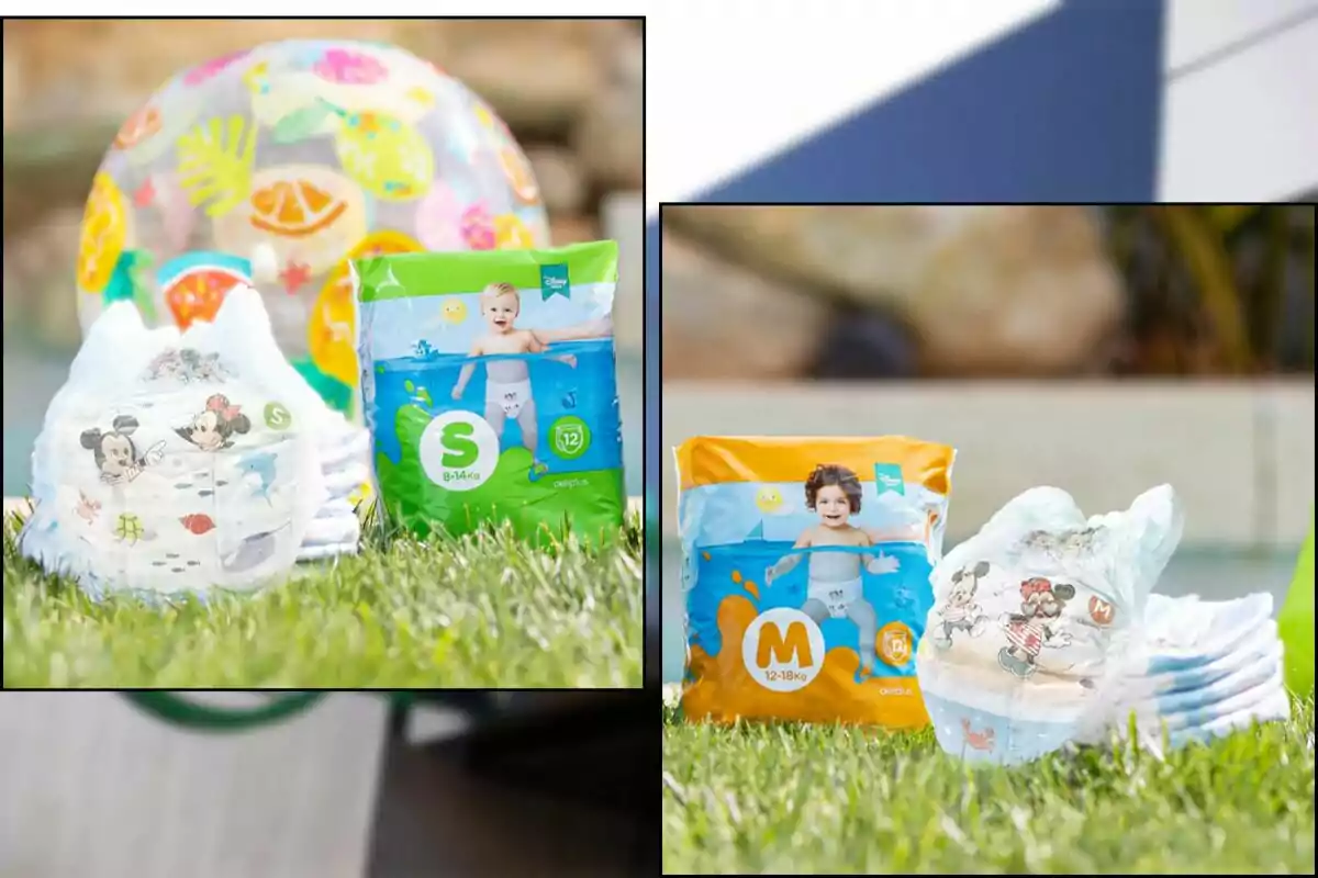 Paquetes de pañales para bebé de diferentes tamaños, con diseños de personajes animados, colocados sobre césped junto a una pelota inflable colorida. Paquetes de pañales para bebé de diferentes tamaños, con diseños de personajes animados, colocados sobre césped junto a una pelota inflable colorida.