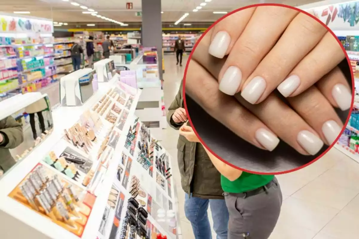 Una tienda de cosméticos con un primer plano de unas manos con uñas bien cuidadas. Una tienda de cosméticos con un primer plano de unas manos con uñas bien cuidadas.