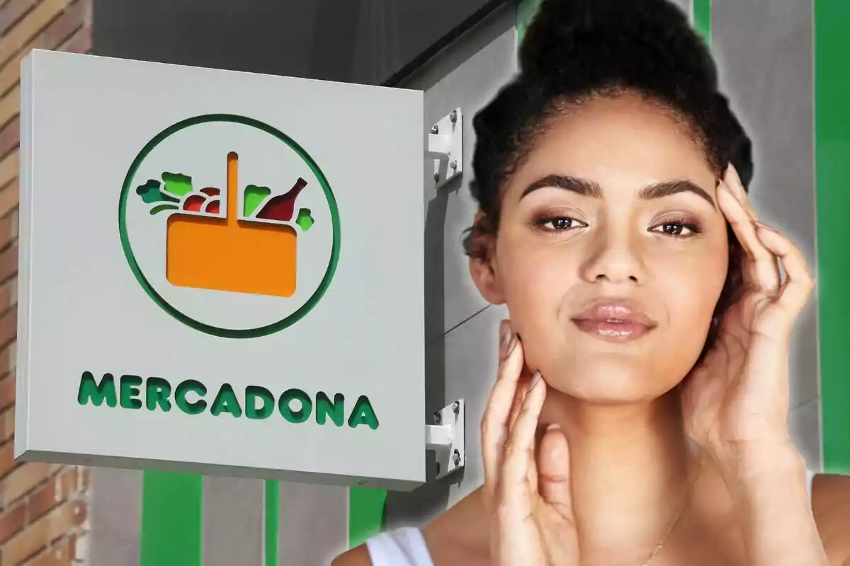 Letrero de Mercadona junto a una mujer tocándose la cara. Letrero de Mercadona junto a una mujer tocándose la cara.