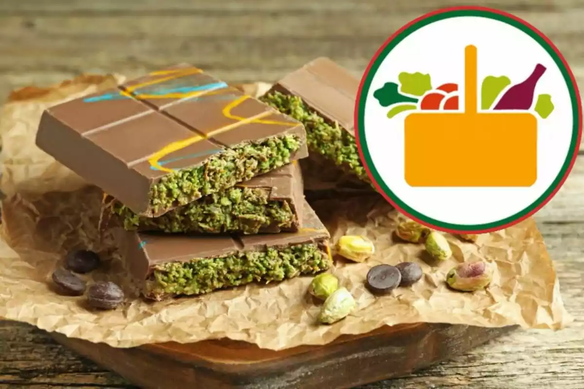 Barras de chocolate con relleno verde sobre papel marrón, acompañadas de pistachos y chispas de chocolate, junto a un icono de cesta de alimentos. Barras de chocolate con relleno verde sobre papel marrón, acompañadas de pistachos y chispas de chocolate, junto a un icono de cesta de alimentos.