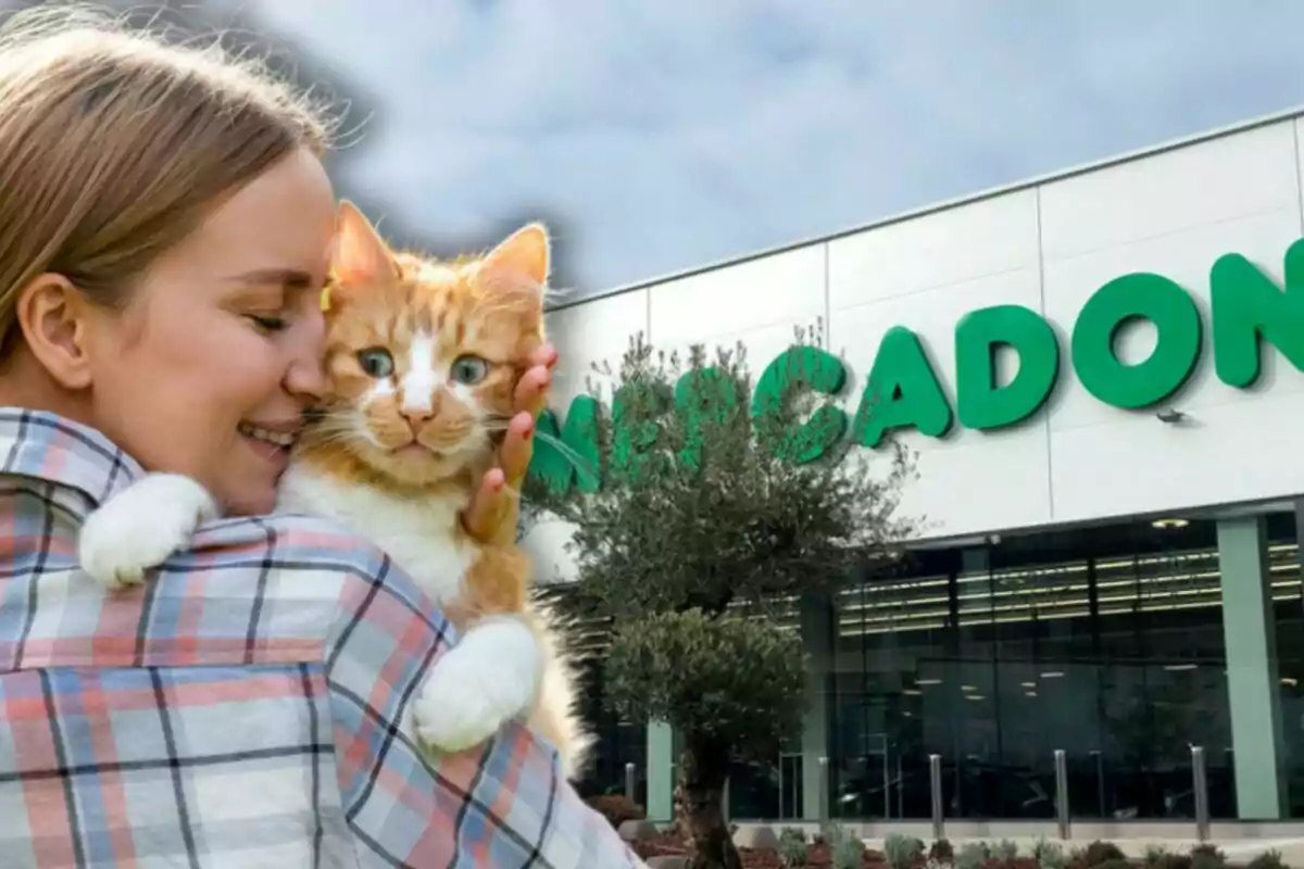 Una persona abrazando a un gato frente a un edificio con un letrero verde.