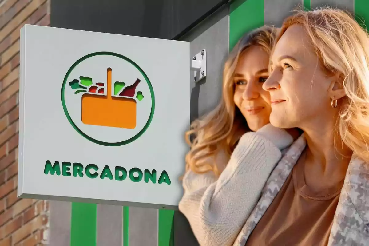 Un letrero de Mercadona con un logotipo de cesta de compras y dos personas sonriendo al lado.
