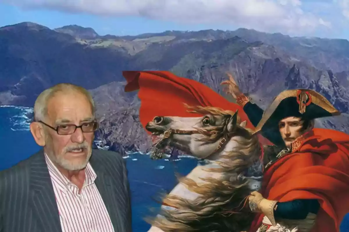 Un hombre mayor con gafas y barba junto a una pintura clásica de un jinete con capa roja sobre un caballo, con un paisaje montañoso de fondo.