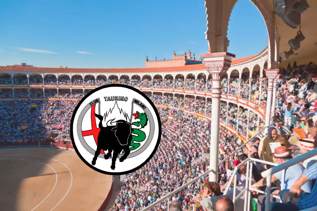 Una plaza de toros llena de espectadores con un logotipo del Club Taurino de Milano superpuesto.