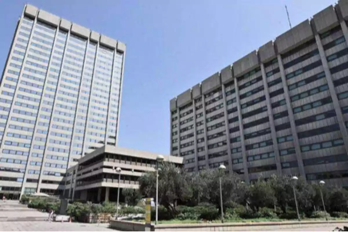 Edificios altos de oficinas con muchas ventanas y un cielo despejado en el fondo.