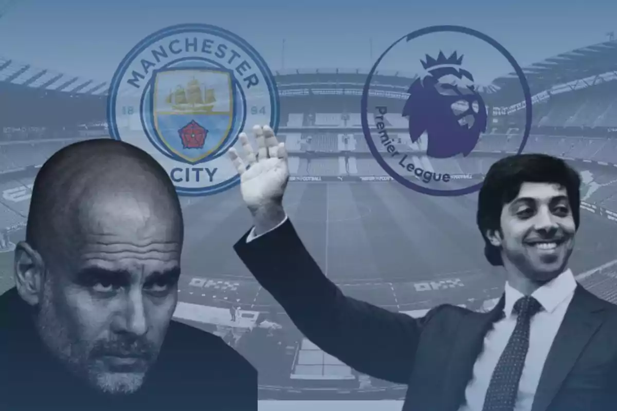 Dos hombres en un estadio con los logotipos del Manchester City y la Premier League de fondo.