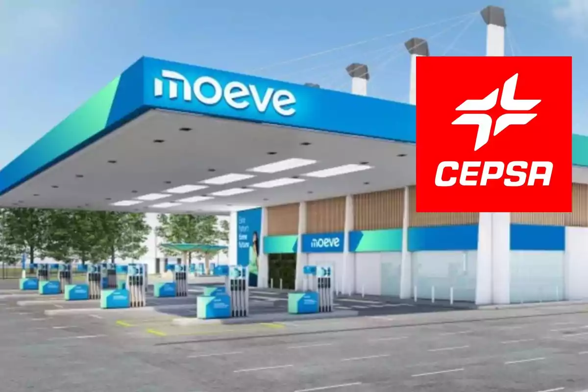 Estación de servicio moderna con logotipos de Moeve y Cepsa en un entorno al aire libre.