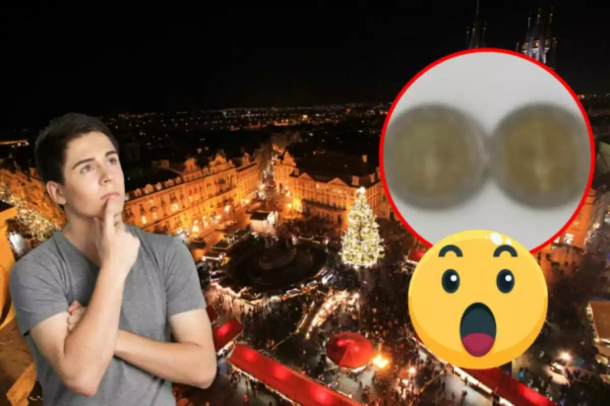 Un hombre pensativo con fondo de una ciudad iluminada de noche, un árbol de Navidad y un emoji sorprendido.