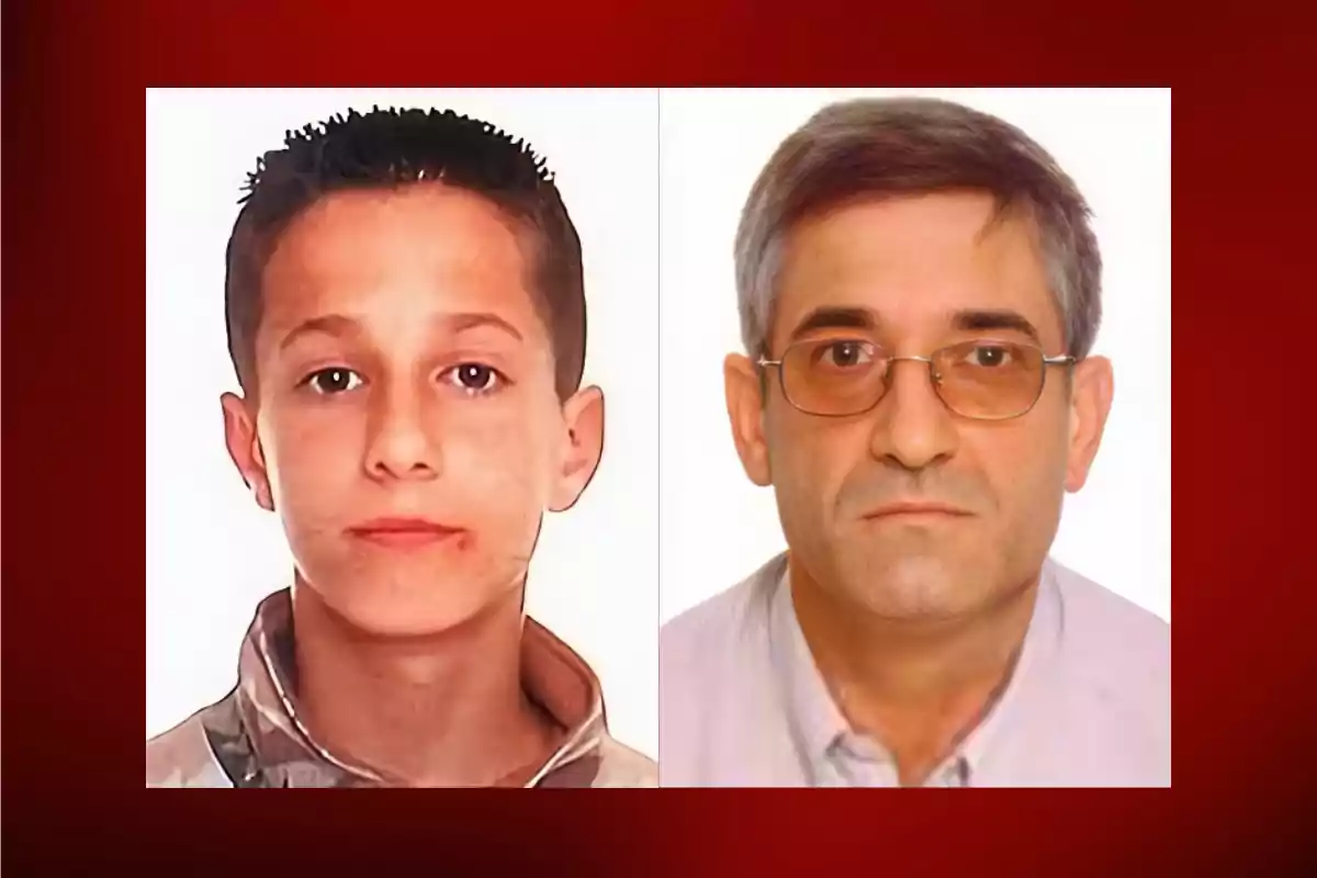 Dos retratos lado a lado de un niño y un hombre adulto sobre un fondo rojo.