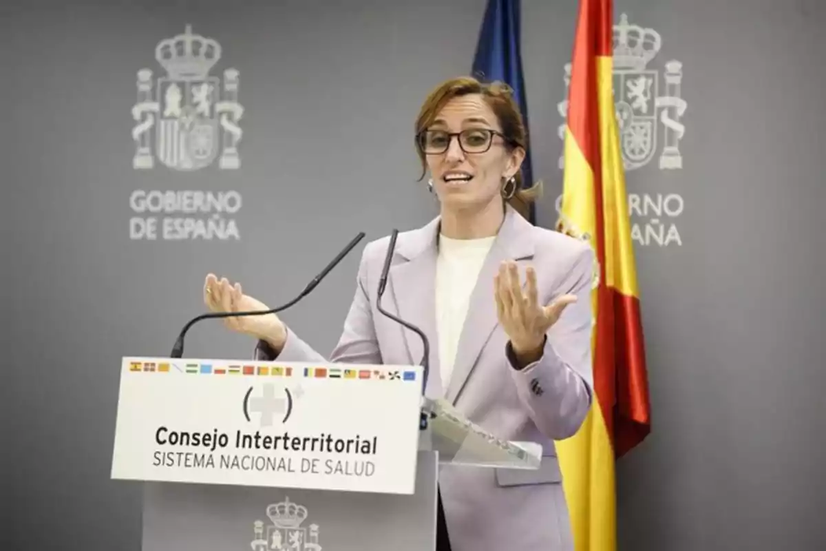 Una persona hablando en una conferencia de prensa del Consejo Interterritorial del Sistema Nacional de Salud en España, con banderas y el escudo del gobierno de fondo.