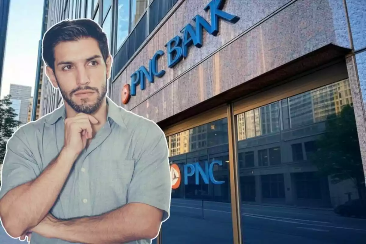 Un hombre pensativo con barba y camisa azul claro está superpuesto frente a un edificio de PNC Bank. Un hombre pensativo con barba y camisa azul claro está superpuesto frente a un edificio de PNC Bank.