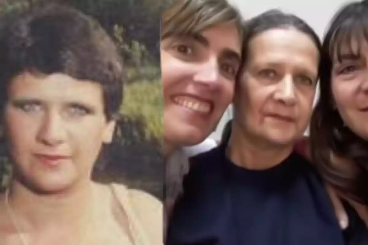 Una mujer joven en una foto antigua a la izquierda y la misma mujer mayor junto a dos personas más en una foto reciente a la derecha.