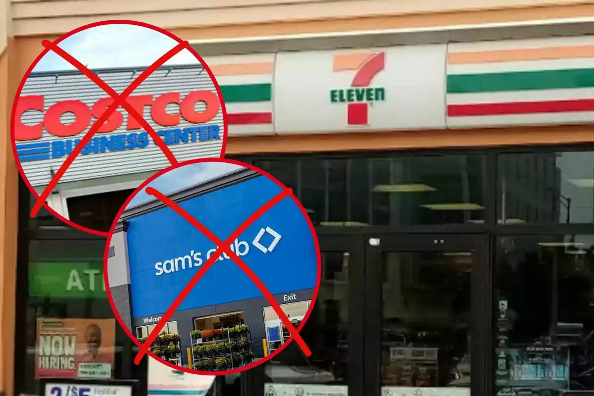 Una imagen que muestra la entrada de una tienda 7-Eleven con logotipos de Costco y Sam's Club tachados con una X roja.