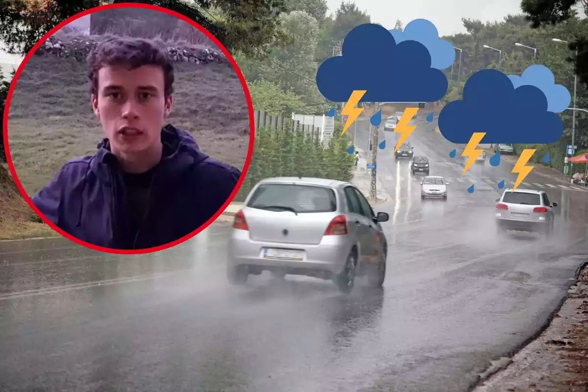 Coches circulan por una carretera mojada, con logos de tormentas, y en el círculo, Jorge Rey