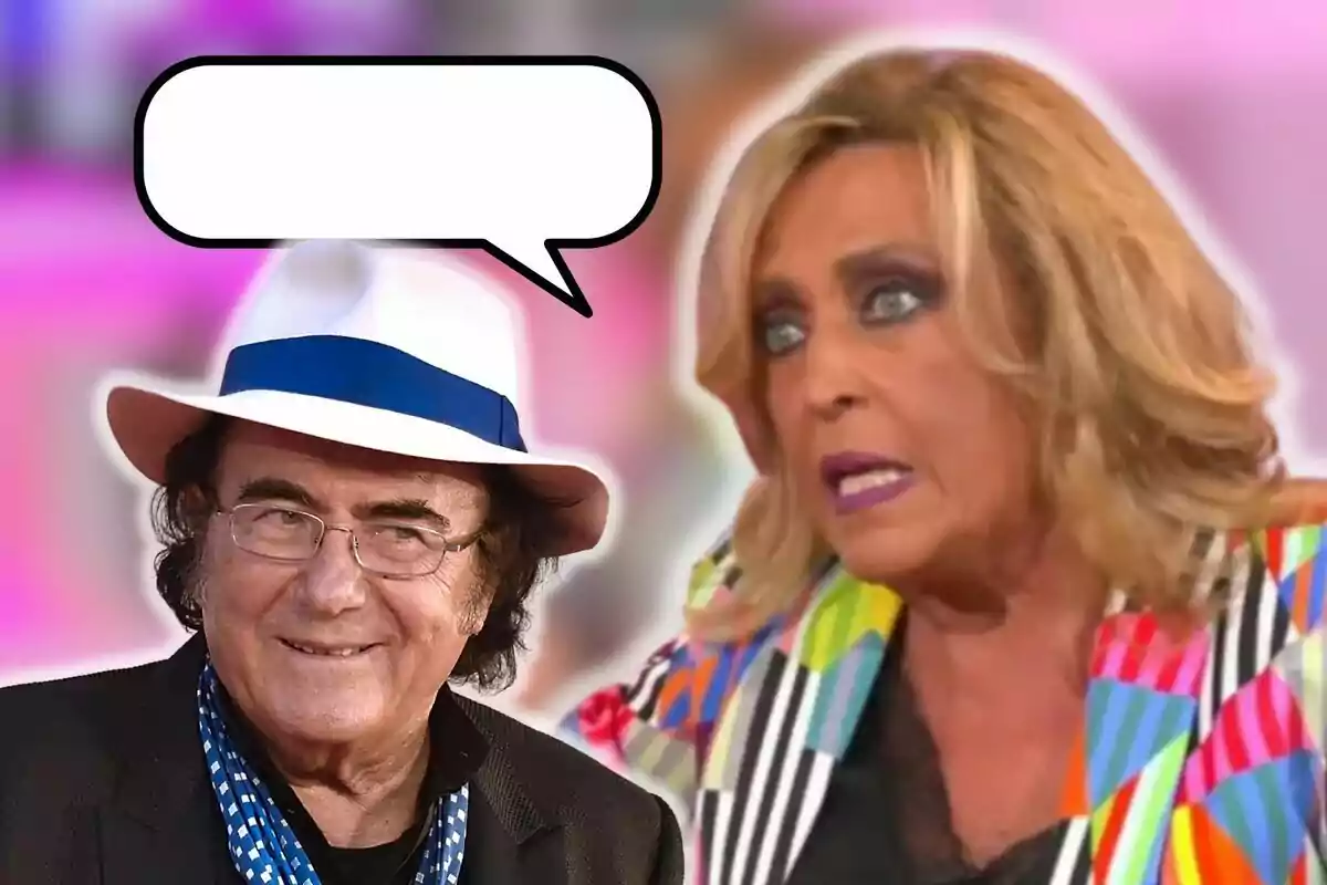 Al Bano y Lydia Lozano en una conversación animada, una de ellas lleva un sombrero blanco y gafas, mientras que la otra tiene el cabello rubio y viste una chaqueta colorida.